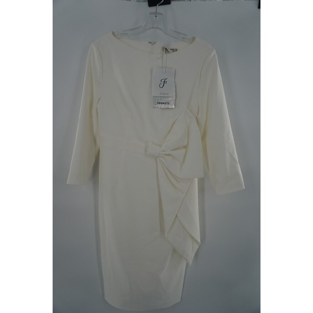 FEHAUTE Cream White Side Bow Long Sleeve Sheath Midi Cocktail Dress Sz 4 NWT